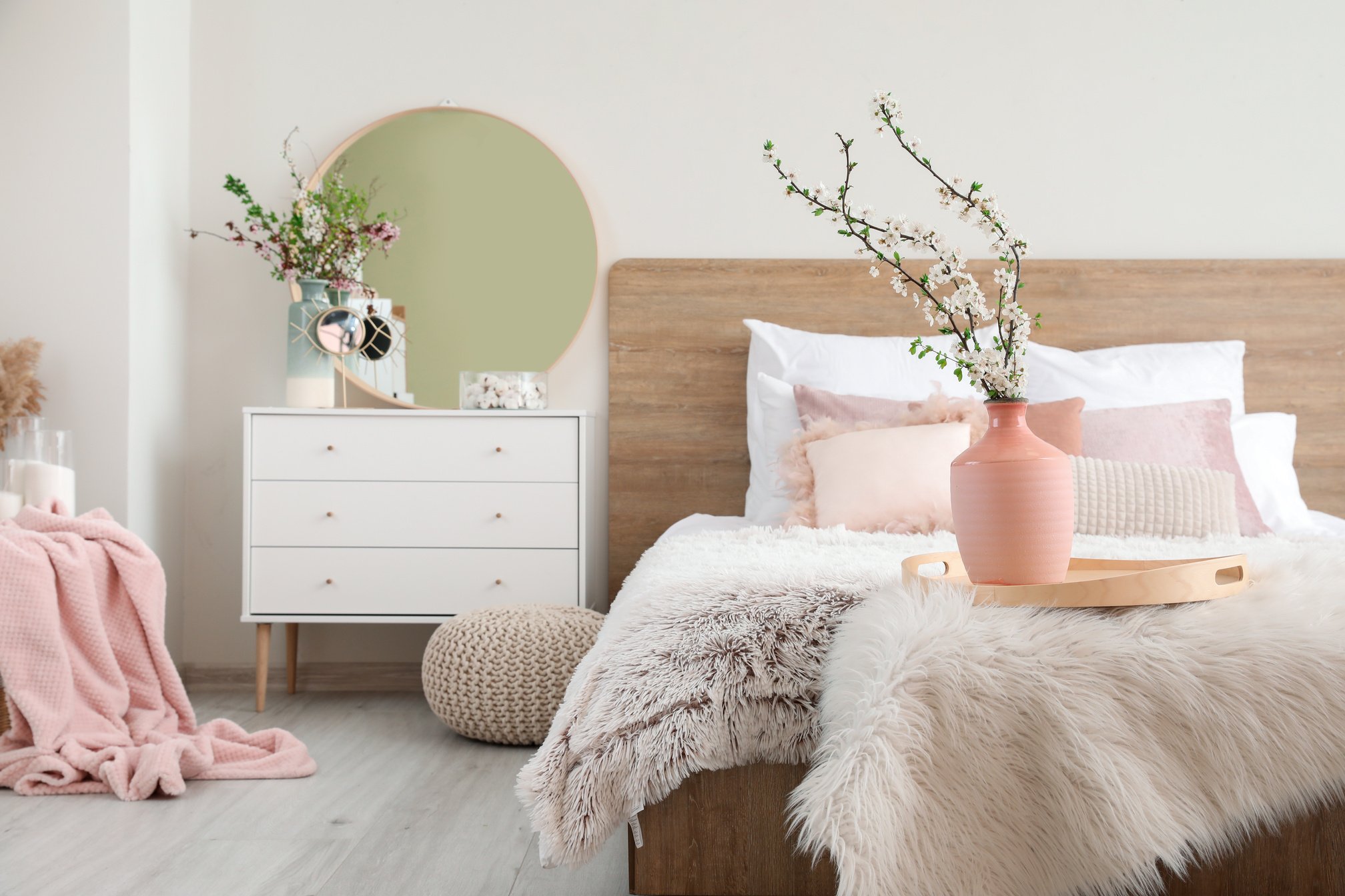 Interior of Modern Bedroom with Spring Flowers